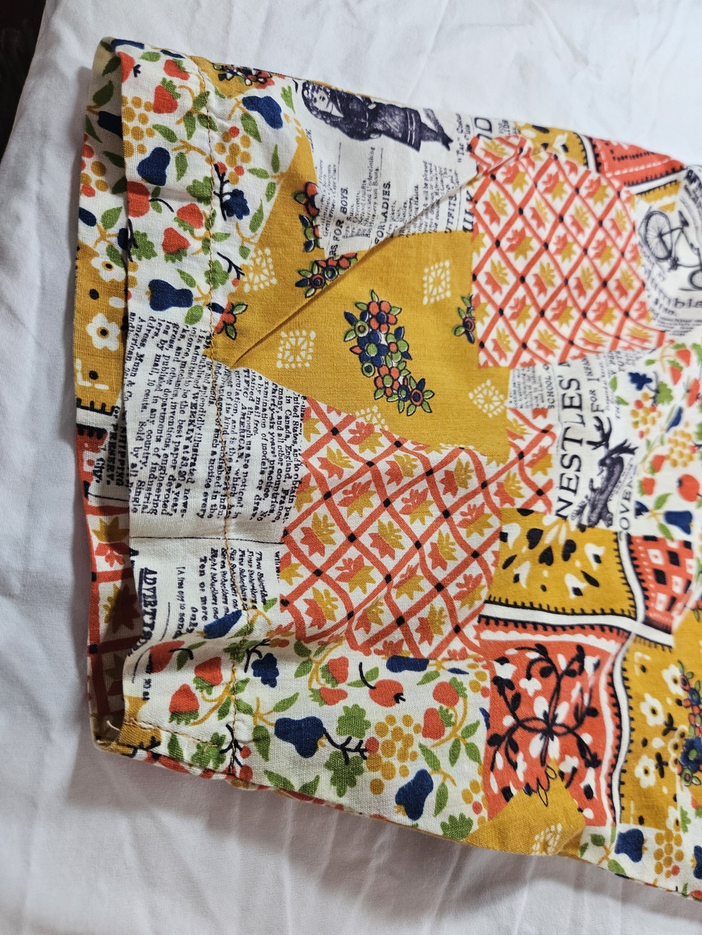 Women's 70s Patchwork Newspaper Print Tunic Top Apron Jacket in Mustard & Orange - Picture 7 of 14
